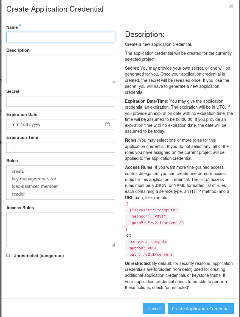 Create Application Credential