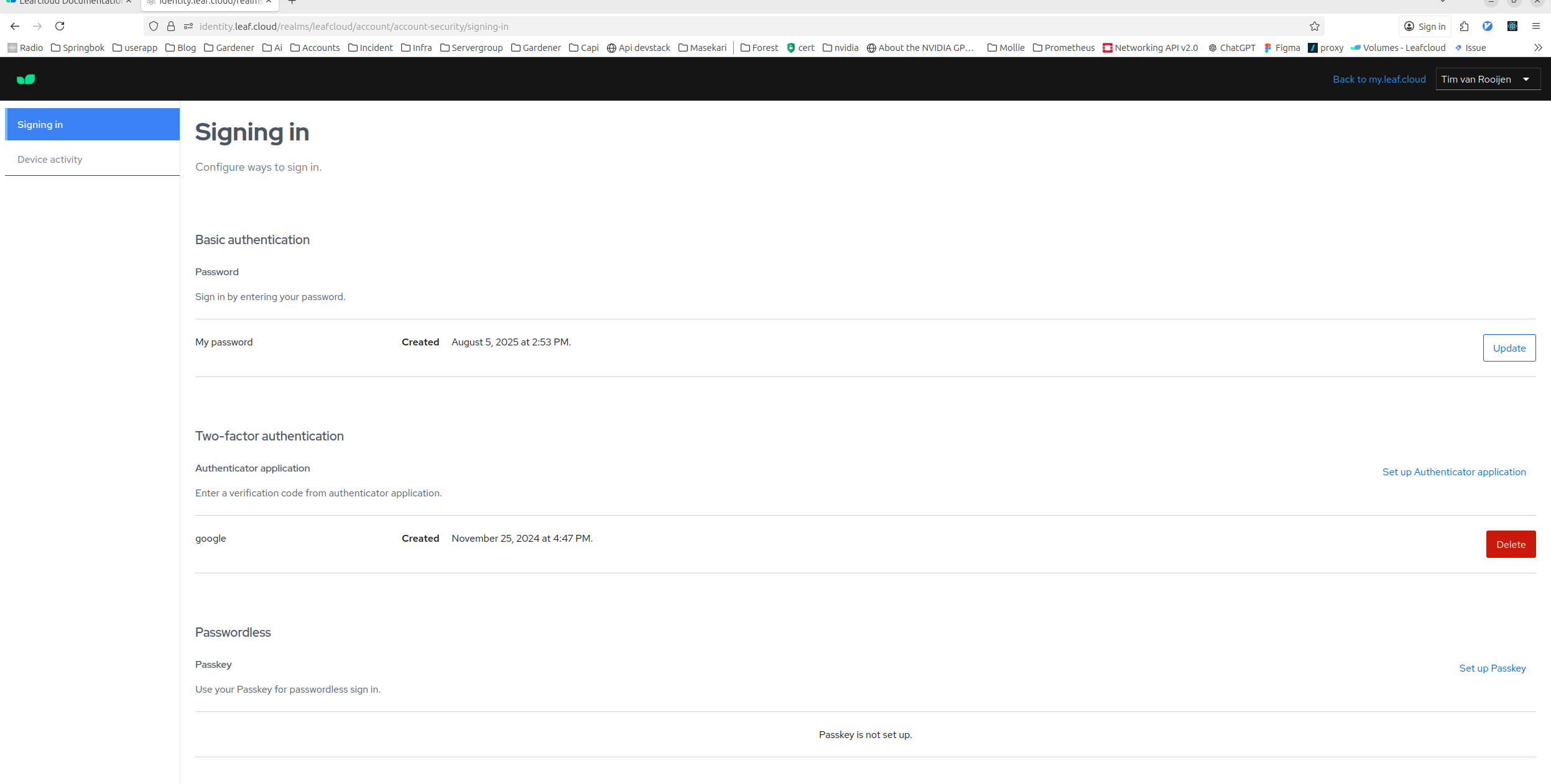 Account Security Page showing 2FA options
